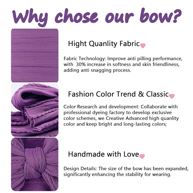LemonSpace Store Handmade Baby Girls Headbands Soft Stretchy Nylon Hair Bands Hair Accessories with Bows for Newborn Baby Girls Infant Toddlers Kids(White Black Purple) - Image 3